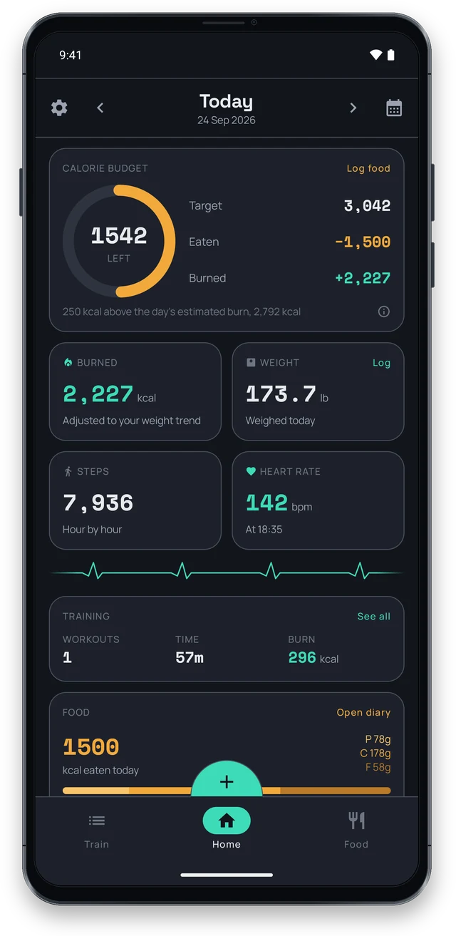 Home screen: calorie budget, calories burned, weight, steps and heart rate